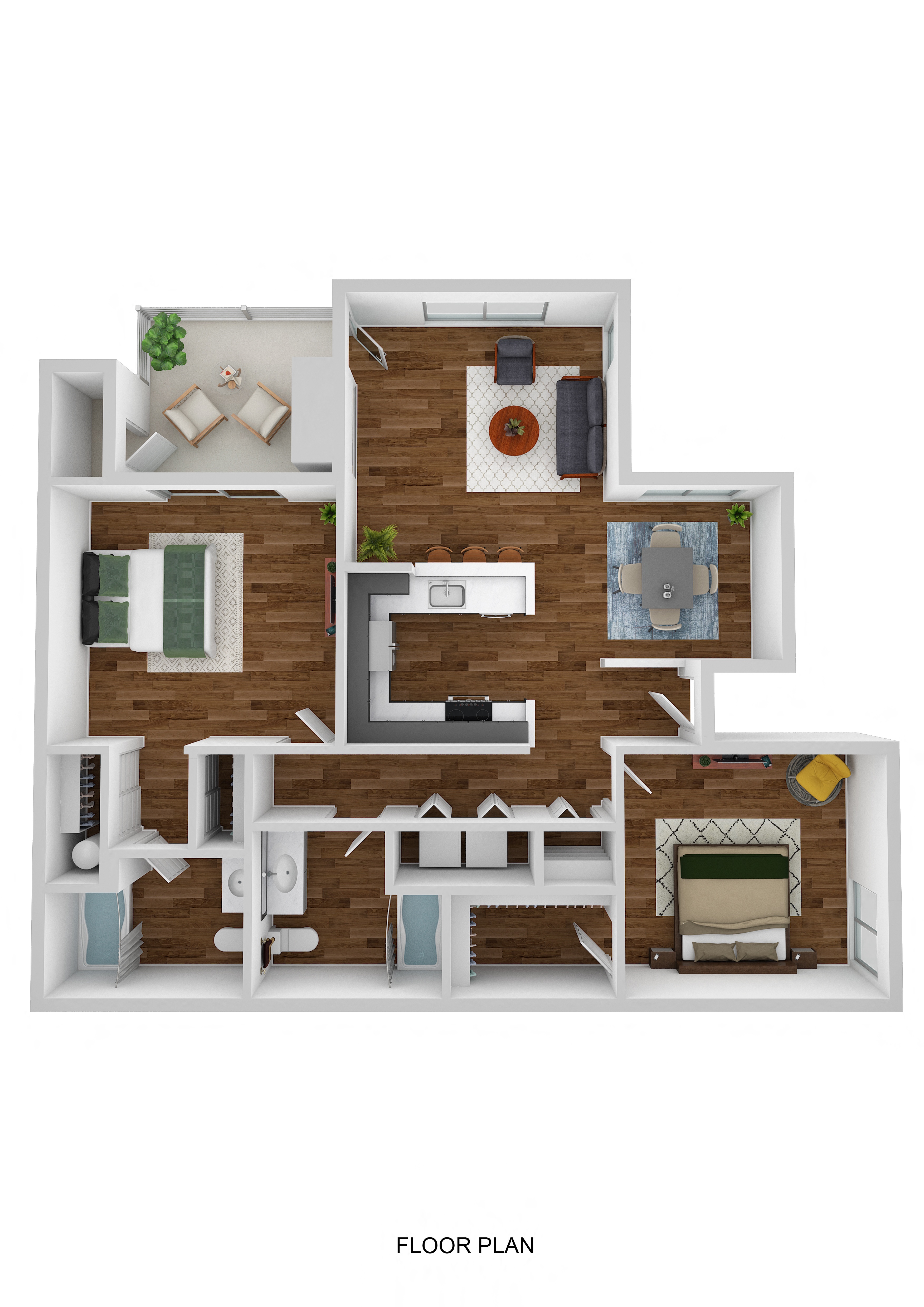 Floor plan for 2 beds, 2 baths, 970 sqft
